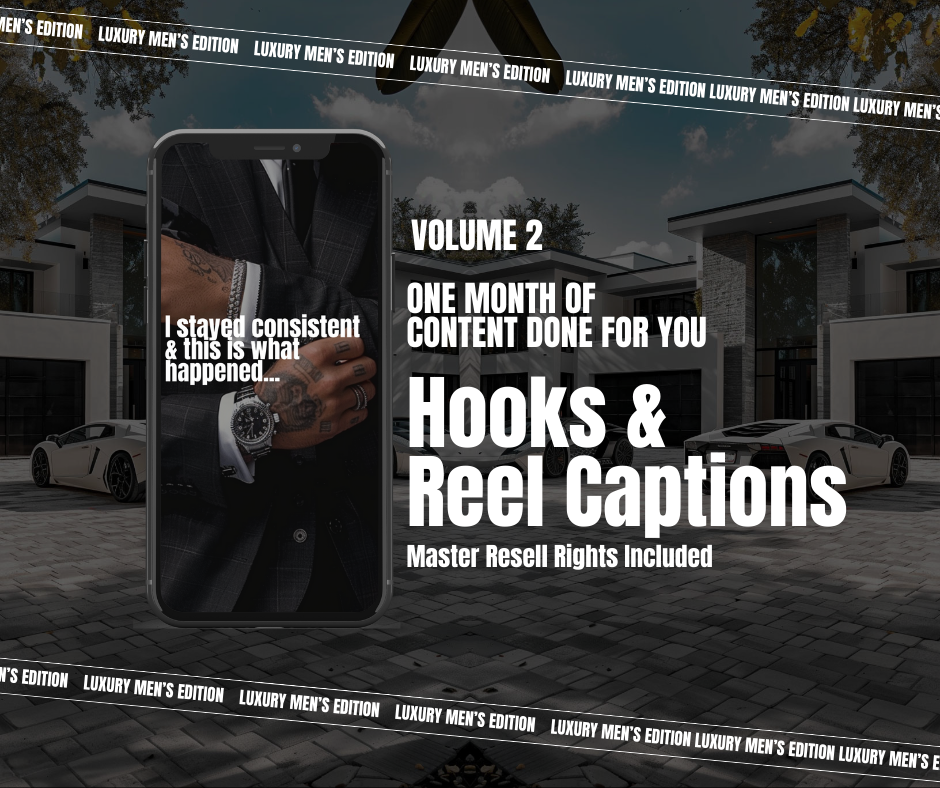 Vol 2 Luxury Mens Reels, Captions,  Hooks & Covers With Photos & Mockups | MRR Master Resell Rights