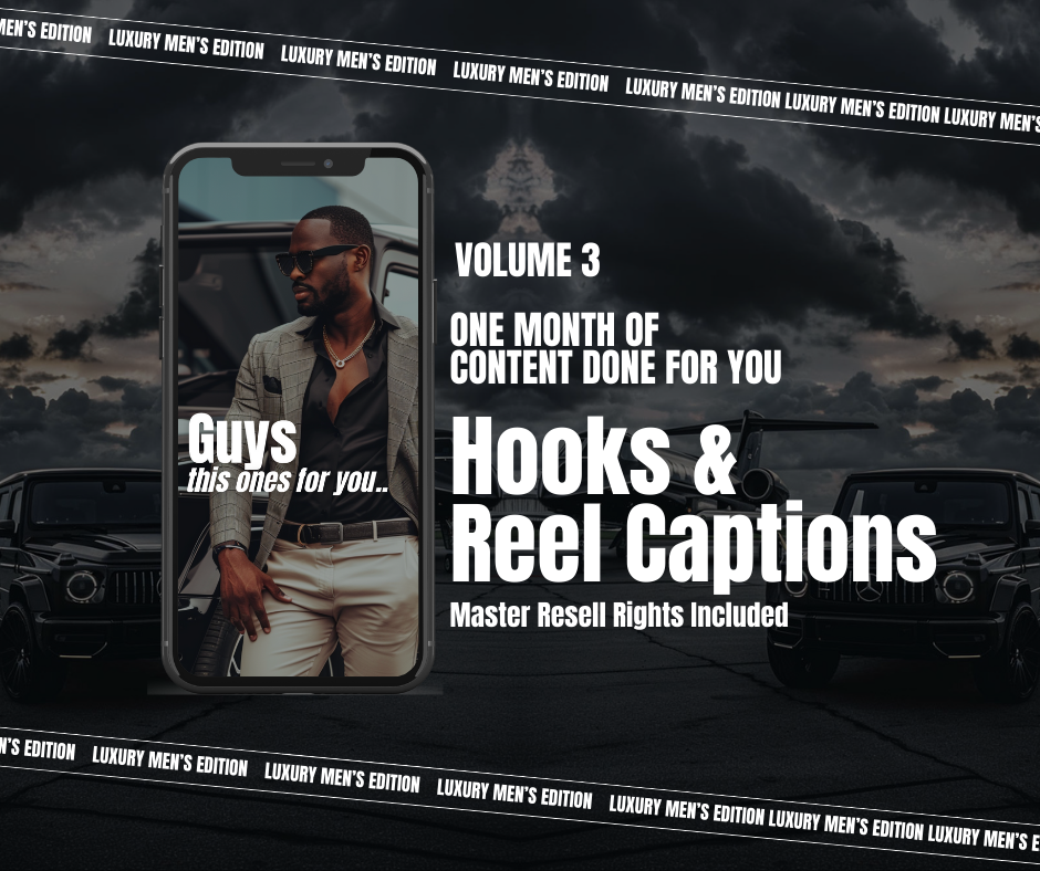 Vol 3 Luxury Mens Reels, Captions,  Hooks & Covers With Photos & Mockups | MRR Master Resell Rights