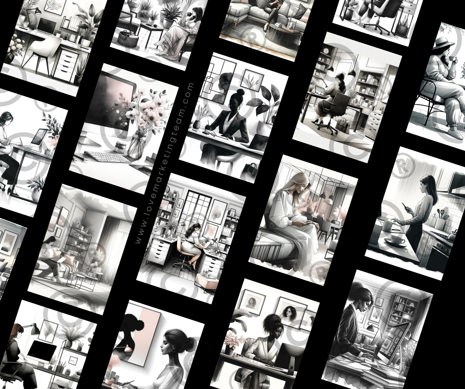 225 Black & Blush Home Office AI Images | Posts, Stories, Reels + 150 Bonus Digital Marketing Inspiring Quotes