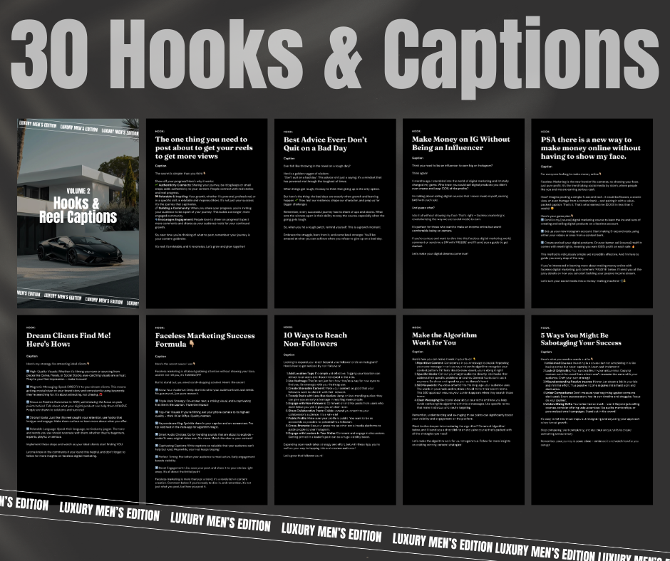 Vol 2 Luxury Mens Reels, Captions,  Hooks & Covers With Photos & Mockups | MRR Master Resell Rights