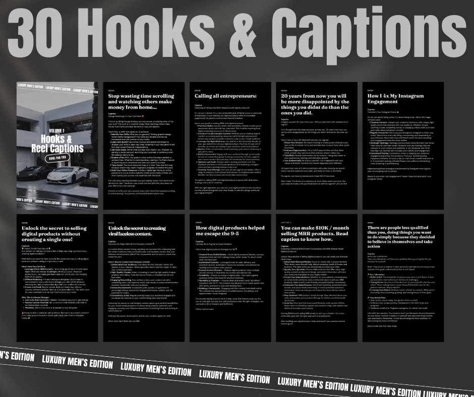 Vol 1. | Mens Luxury Edition | Instagram Reels, Hooks, Captions & Reel Covers | Premium MRR Master Resell Rights