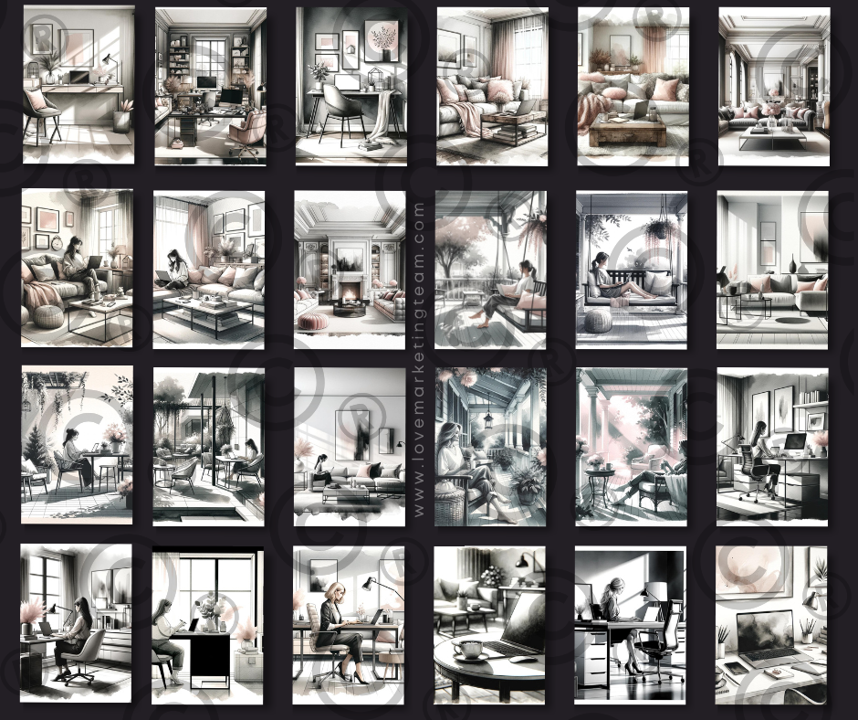 225 Black & Blush Home Office AI Images | Posts, Stories, Reels + 150 Bonus Digital Marketing Inspiring Quotes