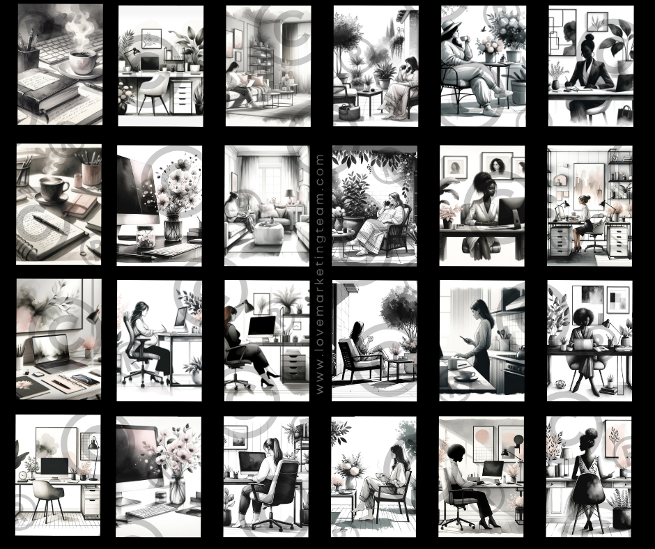 225 Black & Blush Home Office AI Images | Posts, Stories, Reels + 150 Bonus Digital Marketing Inspiring Quotes