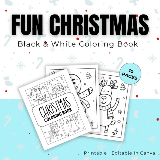 KIDS | Black White Fun Christmas Coloring Book | Editable in Canva