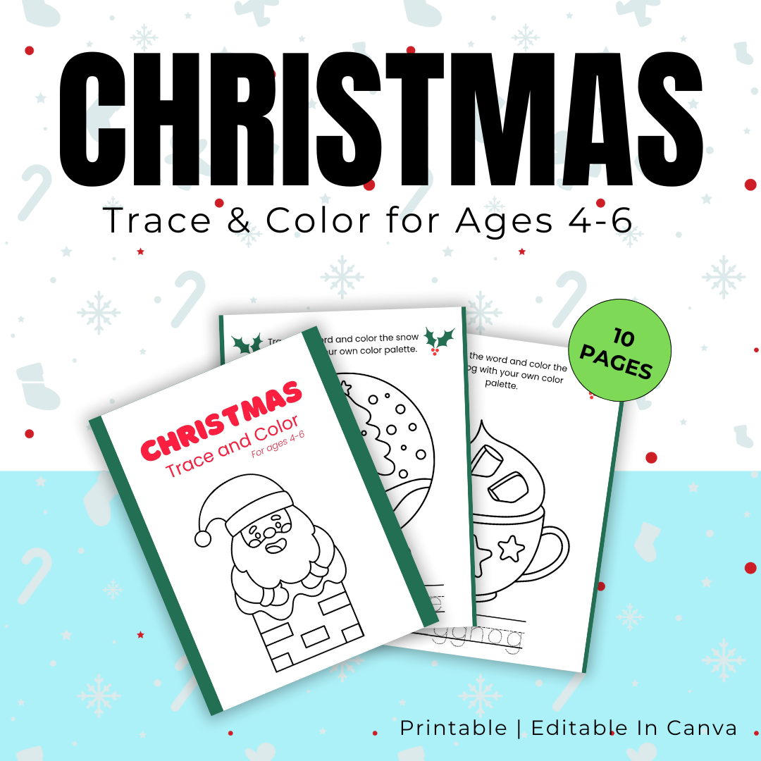 KIDS | Christmas Trace & Color for Ages 4-6 | Editable in Canva