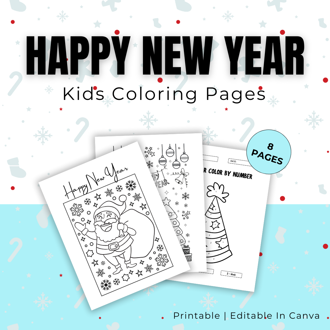 KIDS | Happy New Year Kids Coloring Pages | Editable in Canva