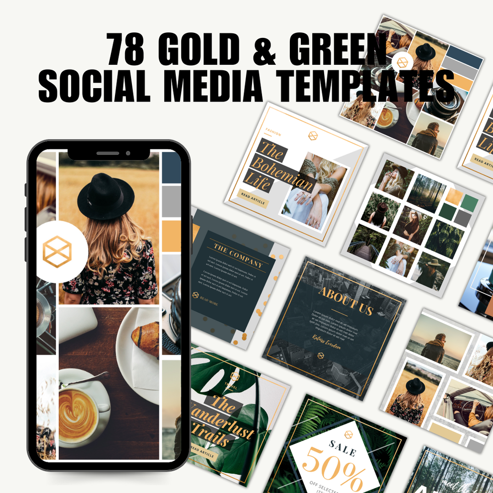 SOCIAL MEDIA 78 Gold & Green Social Media Posts Canva Template