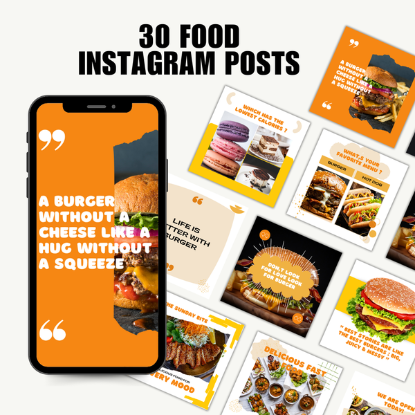 SOCIAL MEDIA 30 FOOD INSTAGRAM POSTS (White/Orange style) Canva Te