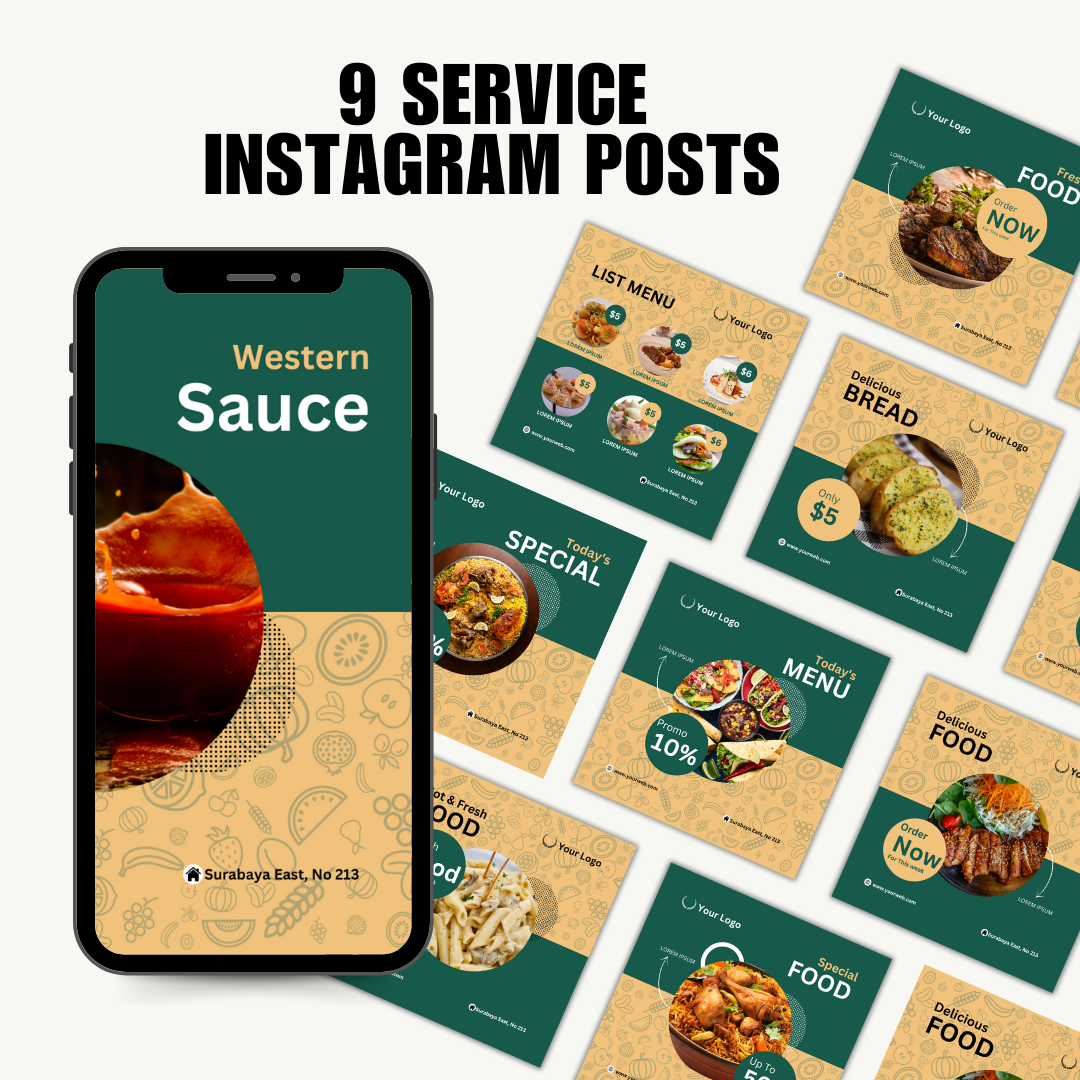 SOCIAL MEDIA | Food & Restaurant Posts (Green/Yellow style) | Canva Template