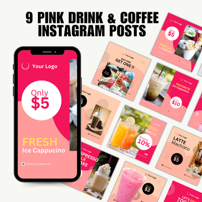 SOCIAL MEDIA | Pink Drinks, Bar, CoffeeShop Posts | Canva Template