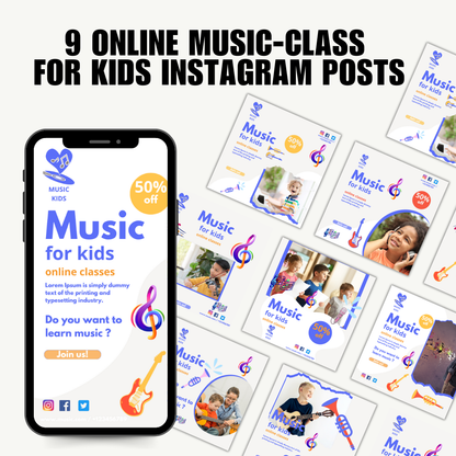 SOCIAL MEDIA | Online Music-Classes For Kids Posts | Canva Template