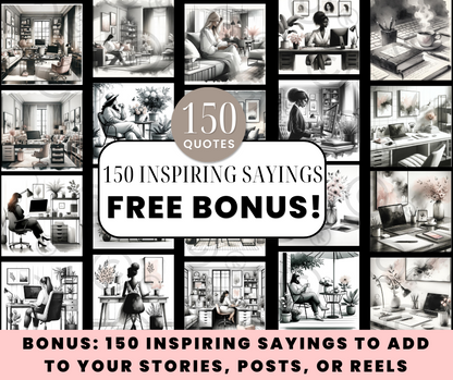225 Black & Blush Home Office AI Images | Posts, Stories, Reels + 150 Bonus Digital Marketing Inspiring Quotes