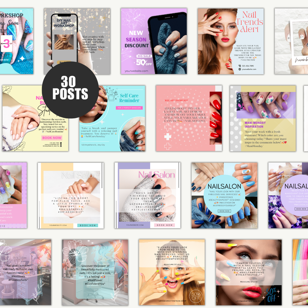 BEAUTY | SOCIAL MEDIA | 30 NAIL ART STUDIO POSTS | Canva Template