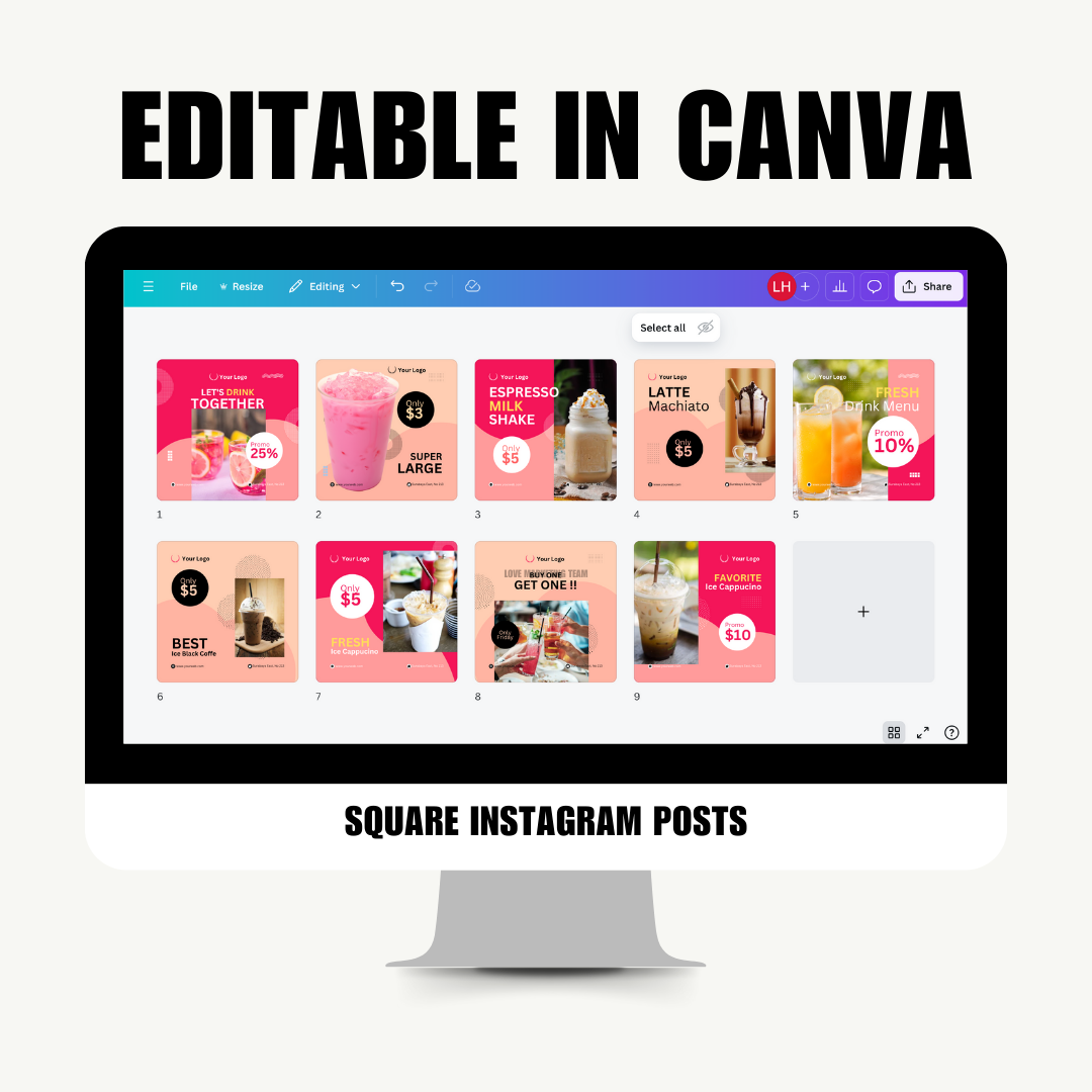 SOCIAL MEDIA | Pink Drinks, Bar, CoffeeShop Posts | Canva Template