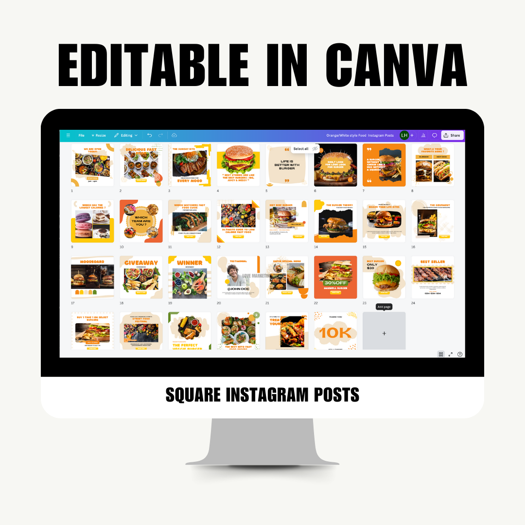 SOCIAL MEDIA | 30 FOOD INSTAGRAM POSTS (White/Orange style) | Canva Template