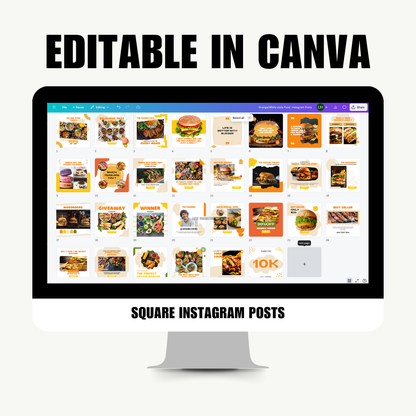 SOCIAL MEDIA | 30 FOOD INSTAGRAM POSTS (White/Orange style) | Canva Template