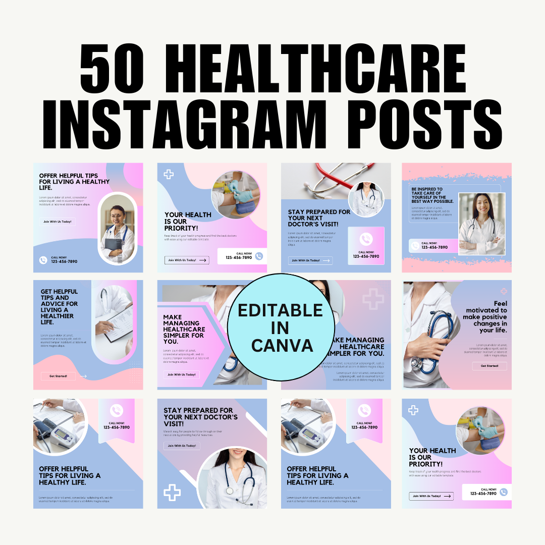 HEALTH | 50 Healthcare Instagram Posts Template | Social Media Content