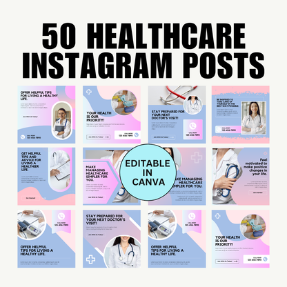 HEALTH | 50 Healthcare Instagram Posts Template | Social Media Content