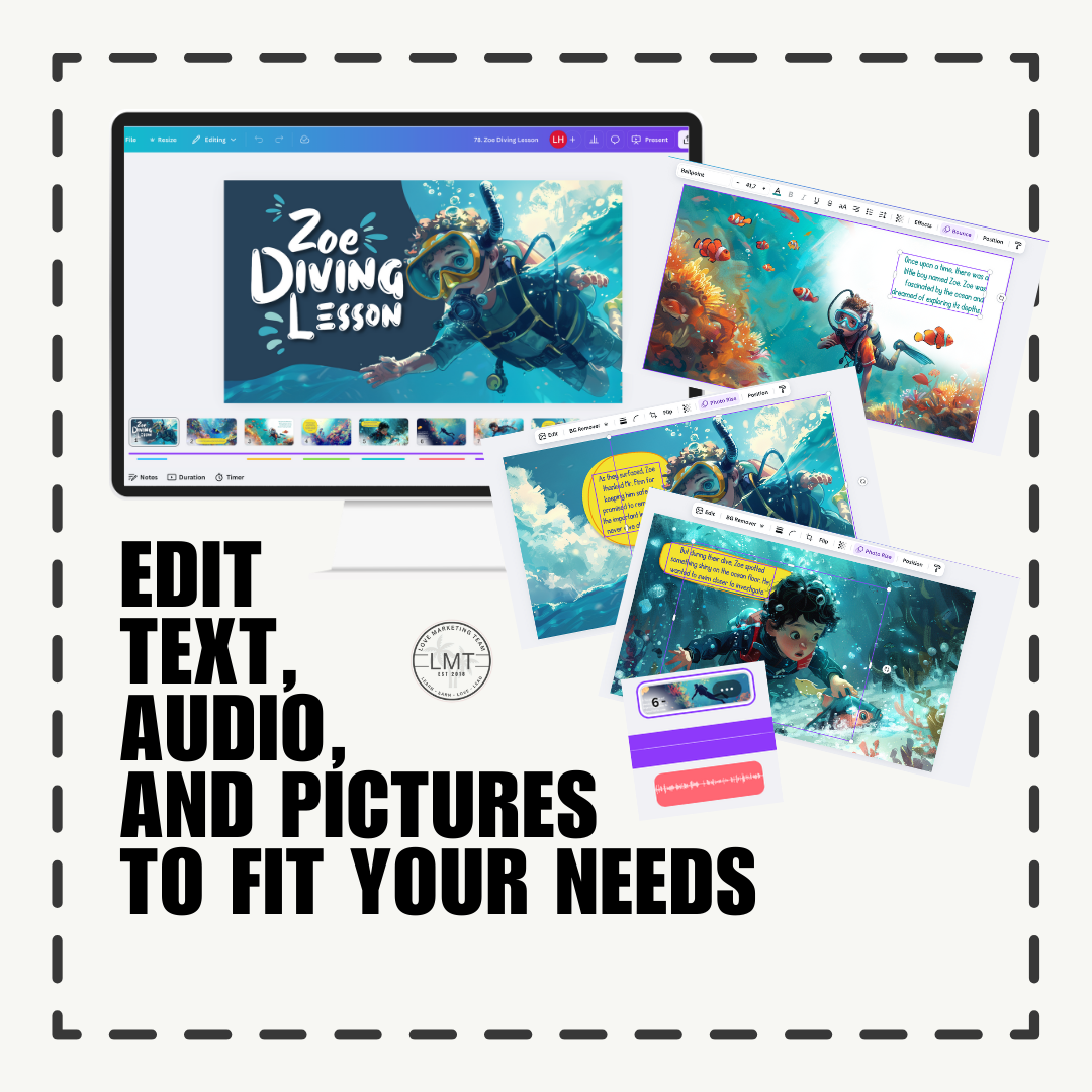 KIDS | "Zoe Diving Lesson" | Editable Story-book with Audio | Canva Free