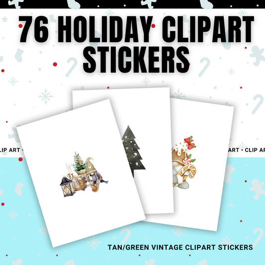 CHRISTMAS | 76 Holiday Christmas Tan/Green Vintage Clip Art Stickers | Editable in Canva