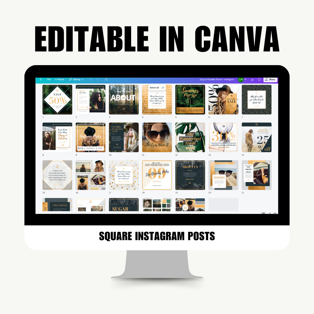 SOCIAL MEDIA | 78 Gold & Green Social Media Posts | Canva Template