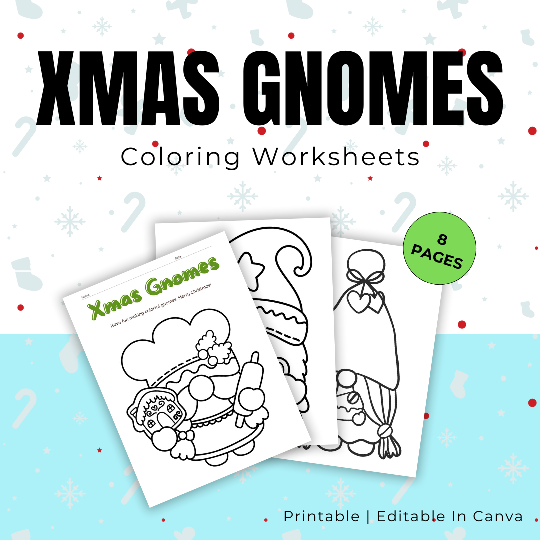 KIDS | Xmas Gnomes Coloring Worksheet | Editable in Canva