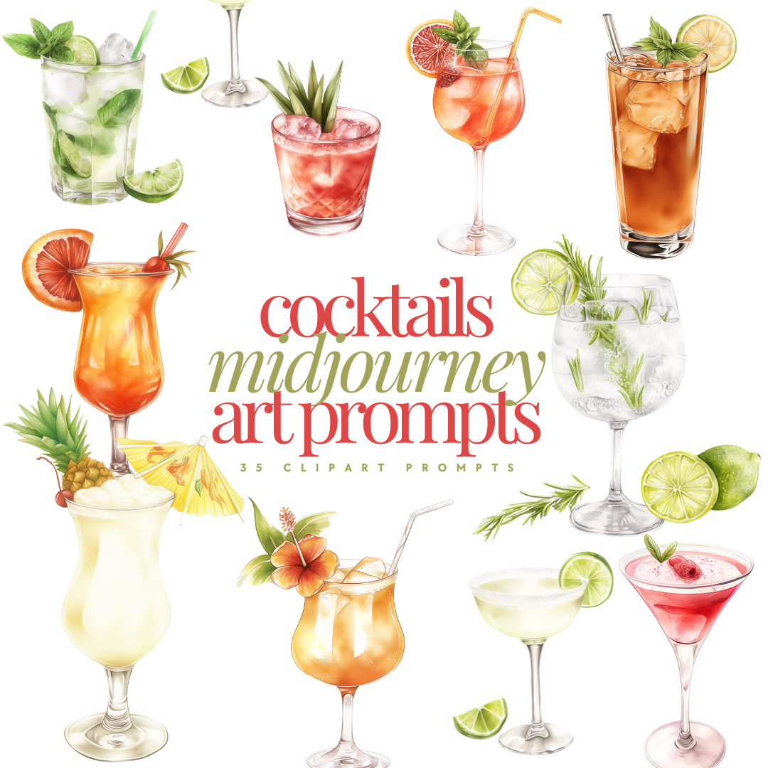 Midjourney AI | Cocktails Art Prompts | 35 clipart prompts | MRR/PLR