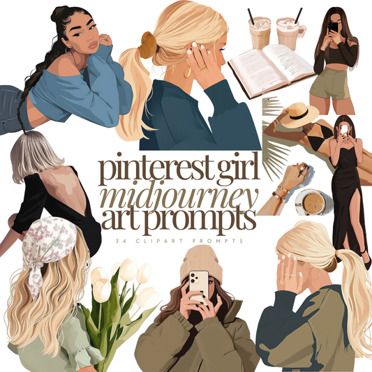 Midjourney AI | Pinterest Girl Art Prompts | 34 clipart prompts | MRR/PLR