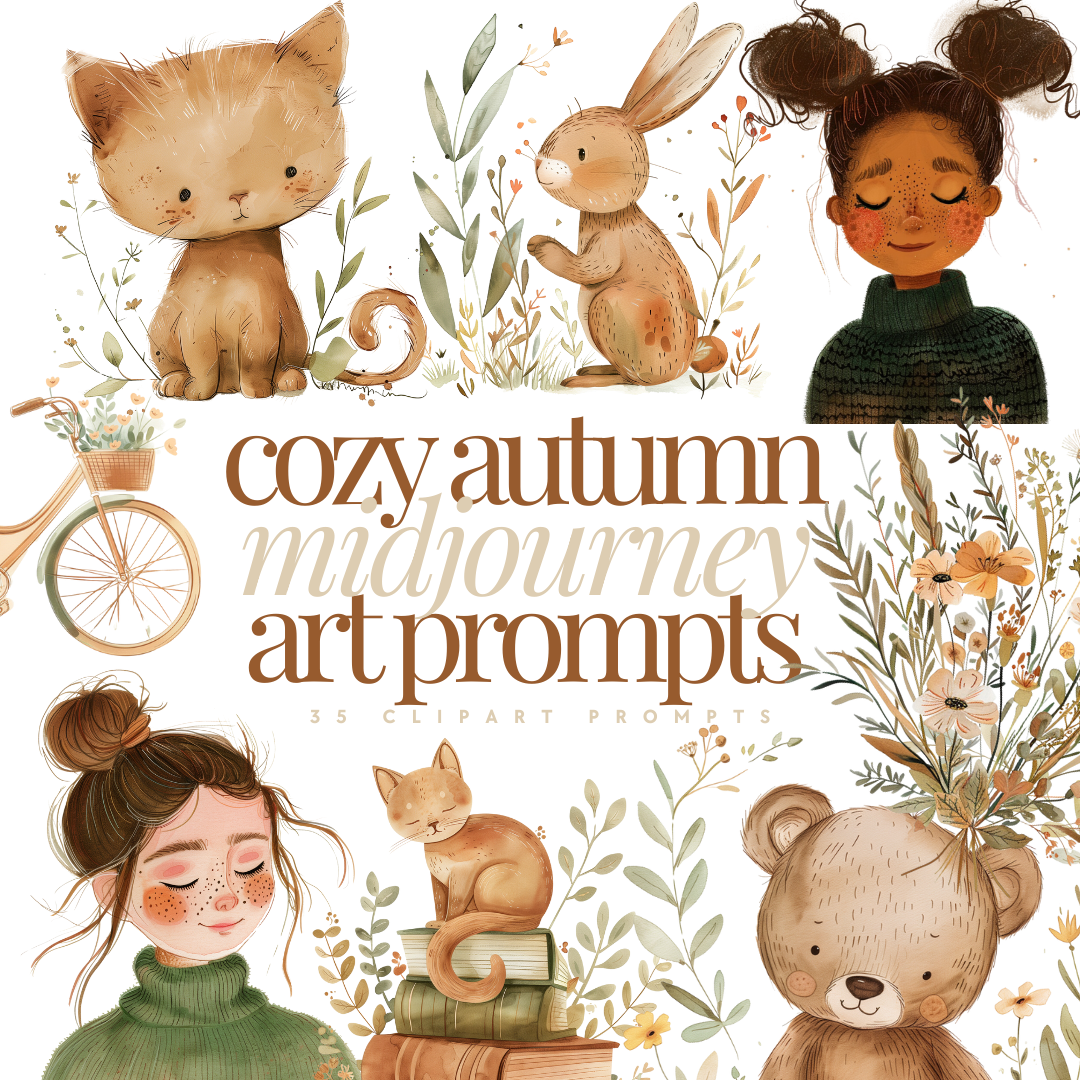 Midjourney AI | Cozy Autumn Art Prompts | 35 clipart prompts | MRR/PLR