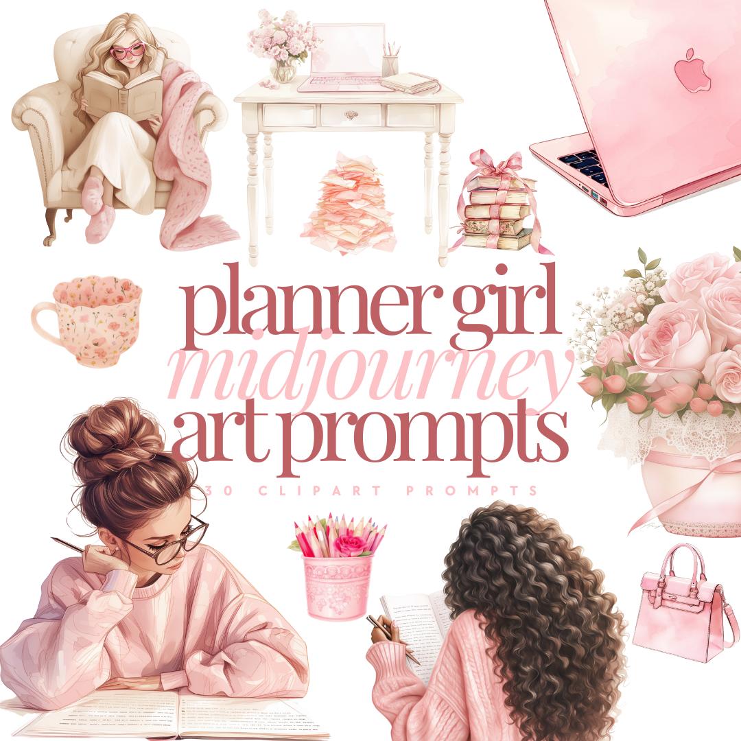 Midjourney AI | Pink Planner Girl Art Prompts | 30 clipart prompts | MRR/PLR