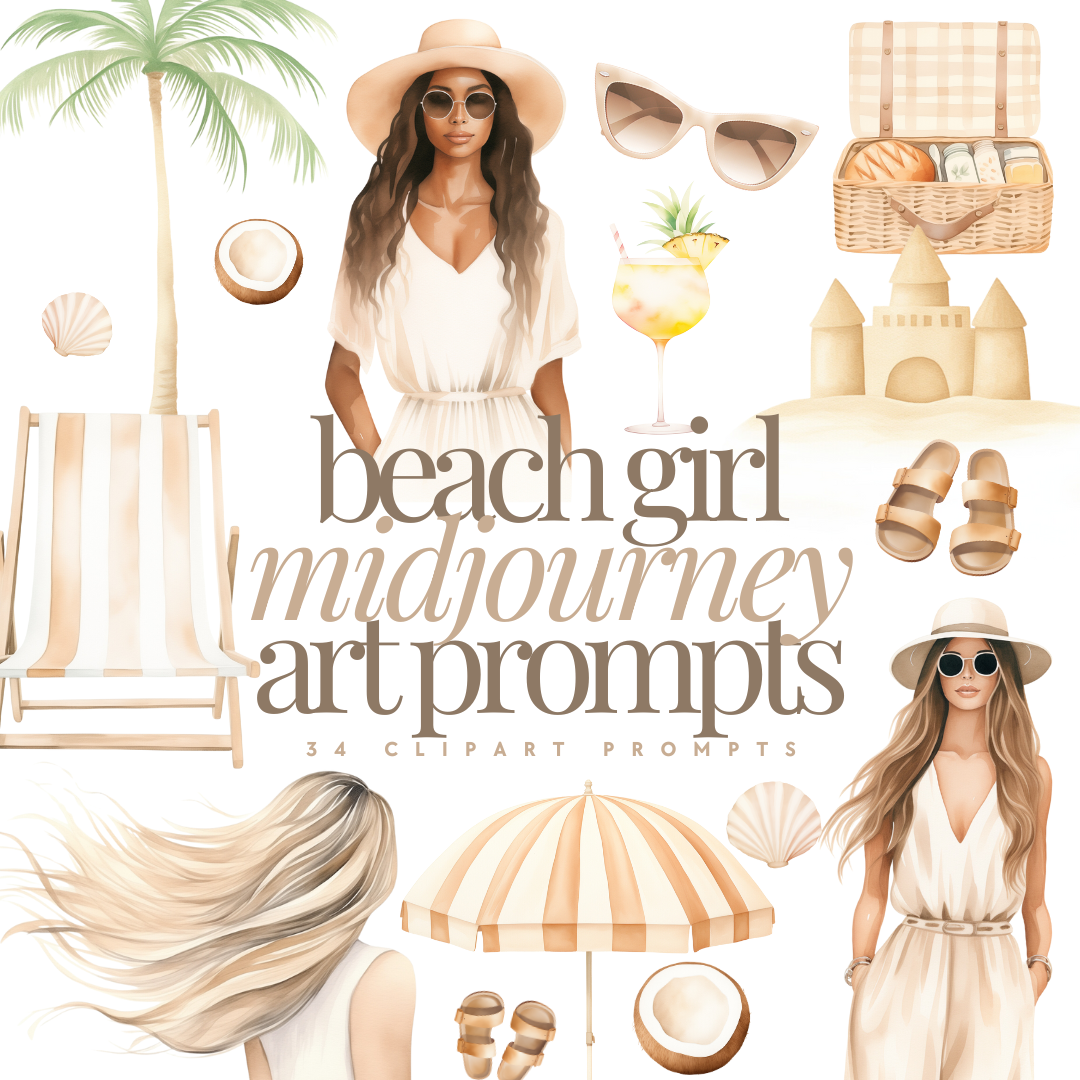 Midjourney AI | Beach Girl Art Prompts | 34 clipart prompts | MRR/PLR